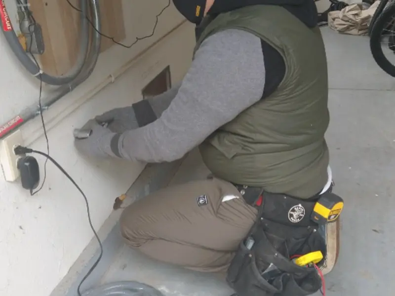 Electrician performing outlet wiring in a Cranston garage